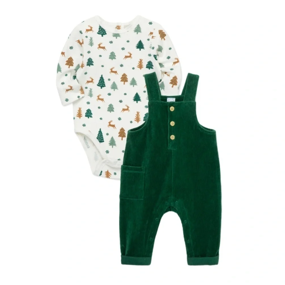 Focus Infants Holiday Cheer Velour Green Overall Set NWT Size 6M